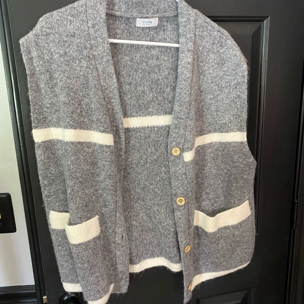Bluivy Gray and Cream Cardigan Sweater Vest